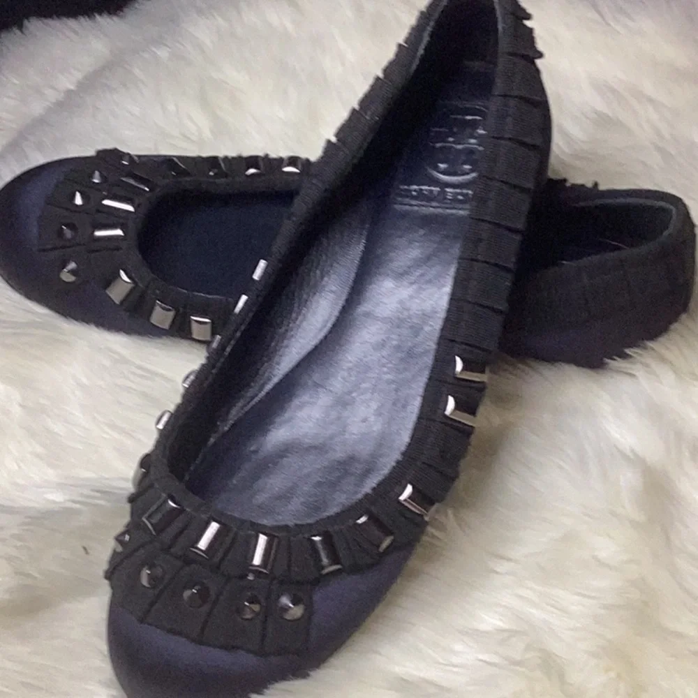 Tory Burch Navy Satin w/Black Ribbon & Metal Studs.